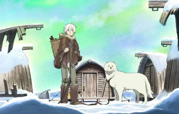 Picture guy, North, winter day, box, wooden houses, Fushi, clear skies, Fumetsu no Anata e, white …