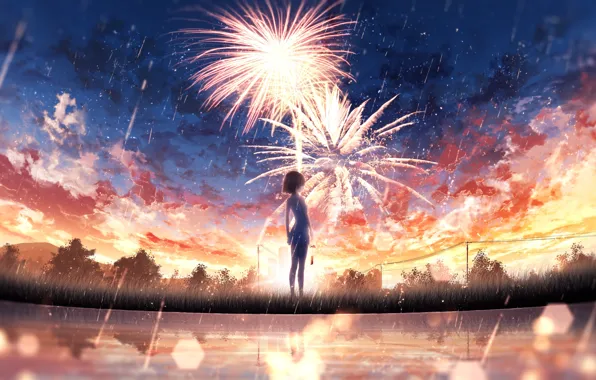 Picture water, girl, fantasy, fireworks, Starfall