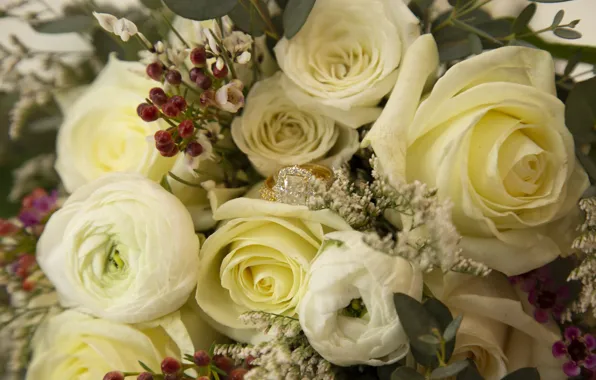 Picture leaves, flowers, berries, roses, bouquet, yellow, ring, fruit, white, ring, Ranunculus