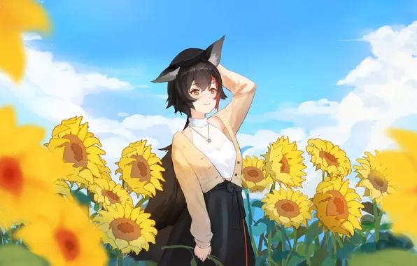 Picture the sky, girl, sunflowers, ears, Hololive, виртуальный ютубер, Mio Ookami