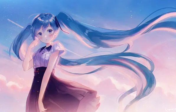 Picture girl, the wind, Hatsune Miku, Vocaloid, Vocaloid, blue hair, Hatsune Miku, tails