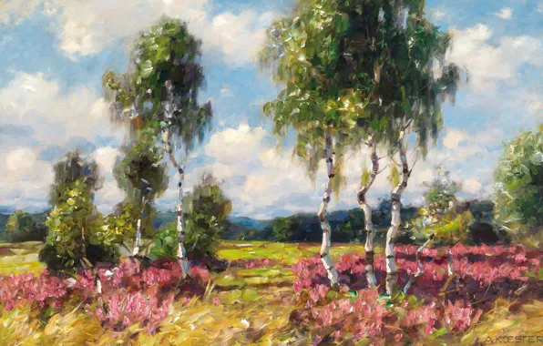 Picture 1908, German painter, German painter, Alexander Max Koester, Birches in a heath landscape, Birch Heath, …