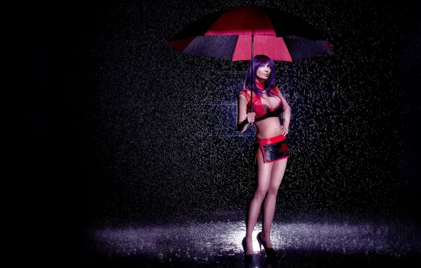 Picture girl, rain, feet, skirt, umbrella, figure, topic