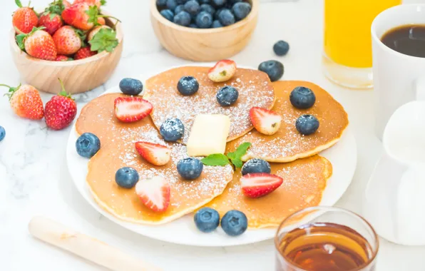 Picture berries, food, Breakfast, pancakes, powdered sugar, pancakes, Breakfast