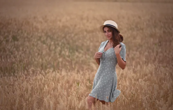 Picture field, look, girl, nature, pose, hat, dress, brunette, The Podkovyrov Constantine