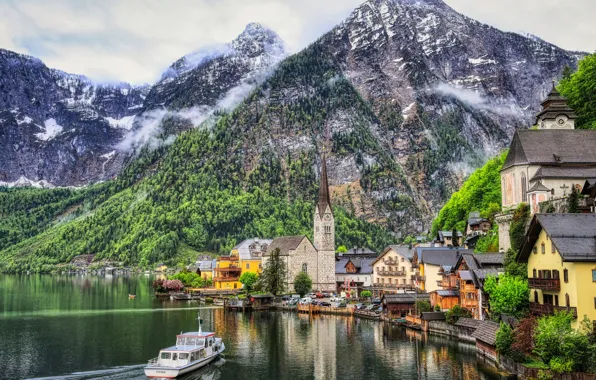 Picture mountains, lake, building, home, Austria, Alps, Church, town, boat, ship, Austria, Hallstatt, Alps, Lake Hallstatt, …