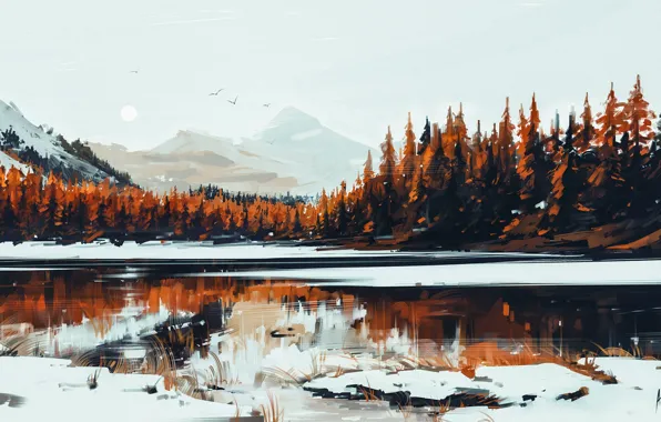 Picture Nature, Winter, Figure, Lake, Snow, Forest, Serenity, Aenami, by Aenami, Alena Aenam The, by Alena …