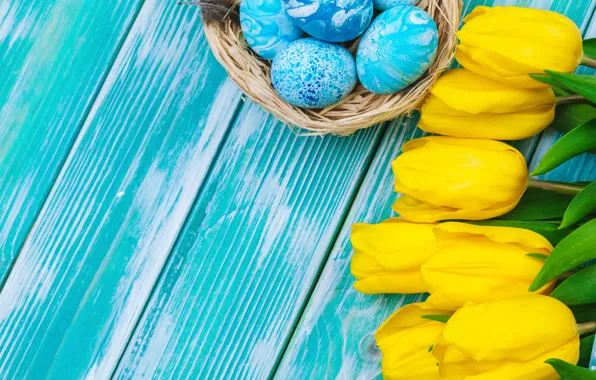 Picture flowers, eggs, spring, colorful, Easter, tulips, happy, yellow, wood, flowers, tulips, spring, Easter, eggs, decoration
