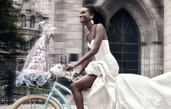 Picture bike, smile, black woman, рекламная компания, Luxury Wedding Dress, Spring 2023, Ines Di Santo, Bridal …