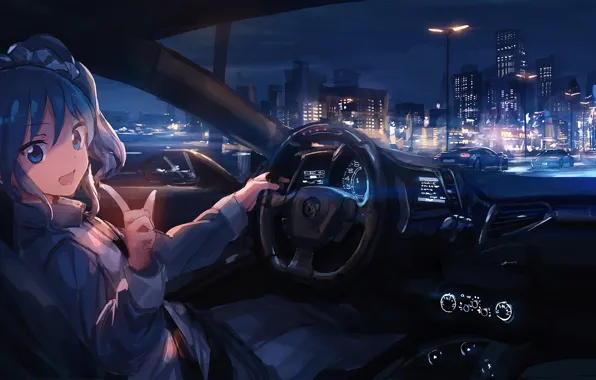 Picture road, anime, devices, night city, gesture, road, anime, driving, beautiful girl, beautiful girl, night city, …