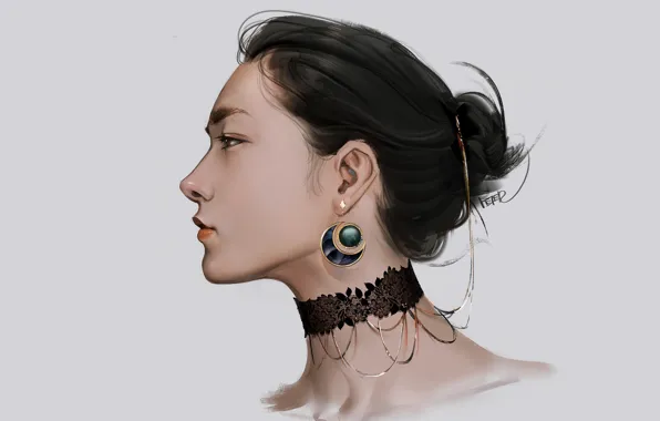 Picture earrings, Asian, grey background, in profile, portrait of a girl, chalker, волосы в пучек