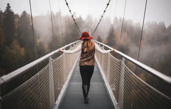 Picture girl, trees, bridge, nature, fog, hat, boots, bokeh