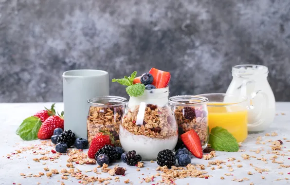 Picture berries, Breakfast, juice, muesli, yogurt, Roman Dbree