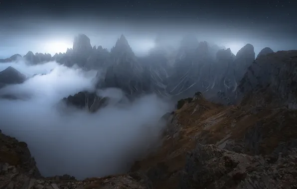Picture mountains, night, fog, hills, tops, China, Asia