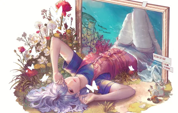 Picture girl, butterfly, flowers, the ocean, shark, picture, frame, art