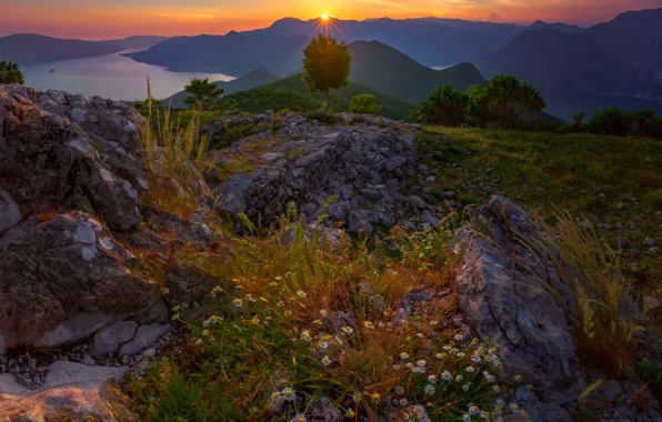 Picture the sun, rays, landscape, mountains, nature, river, stones, vegetation, Montenegro