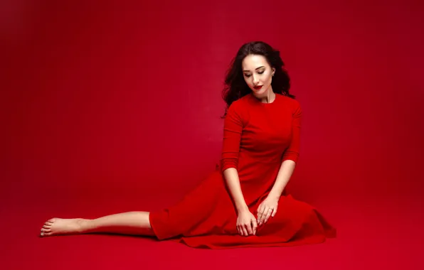 Picture pose, model, portrait, makeup, figure, dress, brunette, hairstyle, sitting, in red, Veronica, on the floor, …