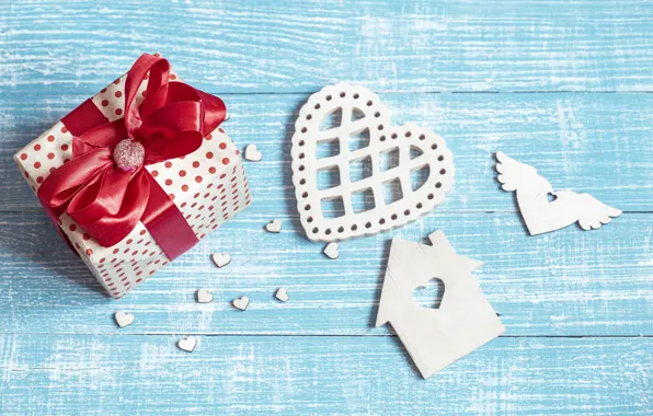 Picture holiday, box, gift, heart, Board, heart, hearts, house, placer, bow, wings, bow, figures, blue background, …