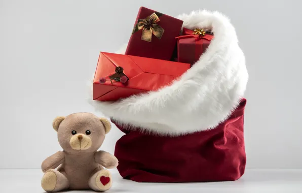 Picture toy, Christmas, bear, gifts, New year, bear, bag, Teddy, box, Christmas decorations