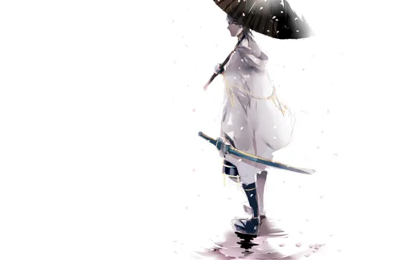 Picture snow, katana, umbrella, puddle, white background, guy, the white cloak, Touken Ranbu, Tsurumaru Kuninagas, Dance …