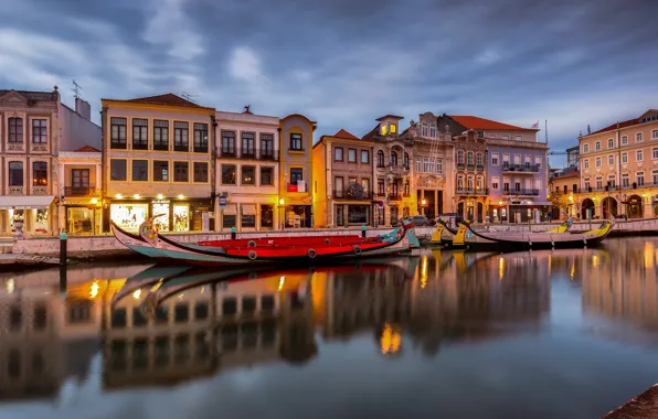 Picture river, home, boats, the evening, lights, Portugal, Portugal, Aveiro