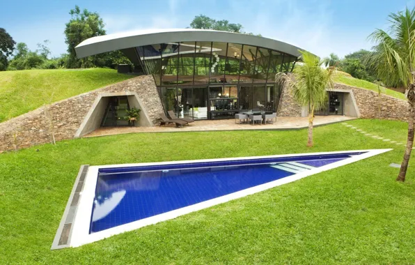 Picture design, palm trees, Villa, pool, yard, architecture, by Bauen, Green Refuge, Ekoarchitektura