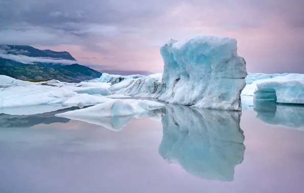 Picture cold, winter, snow, mountains, reflection, shore, ice, glacier, iceberg, ice, pond, Greenland, pink sky
