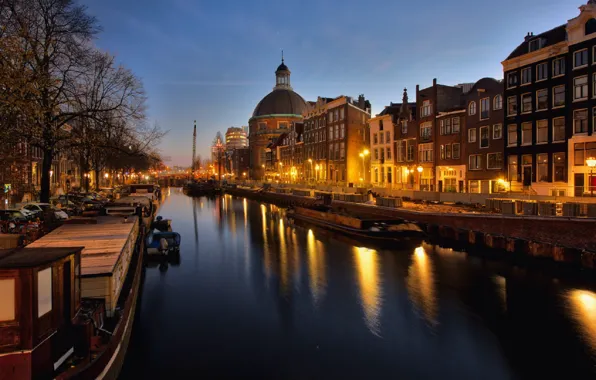 Picture river, street, home, the evening, Amsterdam, lights, channel