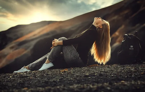 Picture the sky, girl, the sun, clouds, light, mountains, pose, stones, woman, sneakers, jeans, hands, blonde, …