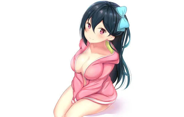 Picture girl, sexy, cleavage, long hair, boobs, anime, beautiful, pretty, brunette, breasts, attractive, handsome, hoodie, pink …
