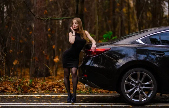Picture road, autumn, forest, trees, nature, sexy, pose, black, model, portrait, makeup, figure, dress, hairstyle, shoes, …