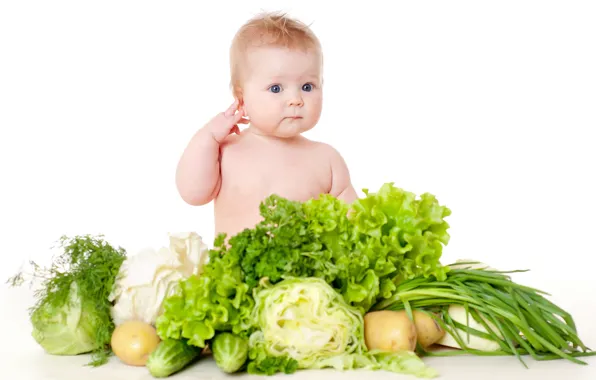 Picture look, child, white background, vegetables, baby