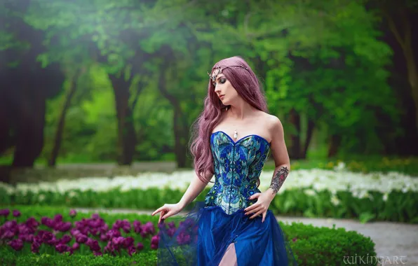 Picture girl, nature, pose, style, makeup, garden, costume, outfit, image, Princess, cosplay, blue dress, Wikingart, Michał …