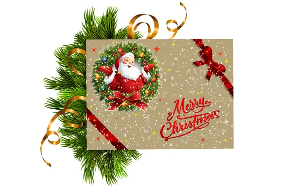 Picture holiday, Christmas, tape, white background, New year, Santa Claus, Santa Claus, needles, bow, congratulations, postcard
