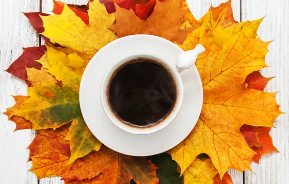 Picture autumn, leaves, wood, autumn, leaves, coffee cup, a Cup of coffee