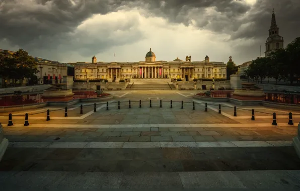 Picture clouds, the city, England, London, building, UK, Museum, fountains, Trafalgar square, the national gallery