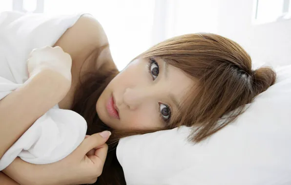Picture girl, Aya Kiguchi, brown eyes, photo, model, lips, brunette, bed, asian, portrait, sheets, in bed, …