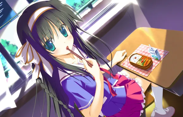 Picture class, schoolgirl, long hair, window, bezel, visual novel, Bento, at the table, Irotoridori from Sekai, …