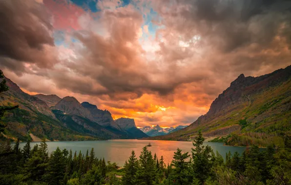 Picture the sky, trees, sunset, mountains, lake, Национальный парк Glacier