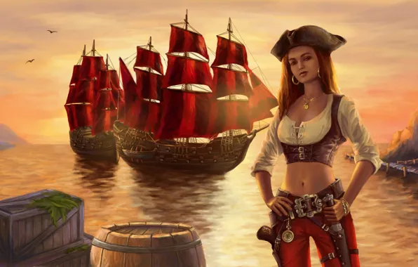 Picture girl, sunset, ship, art, pirates