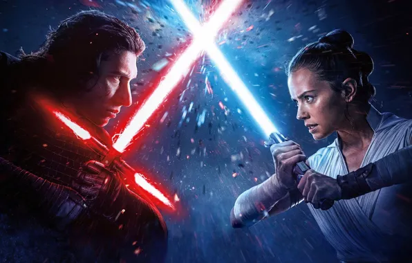 Picture girl, the opposition, guy, lightsabers, Star Wars Episode IX The Rise of Skywalker