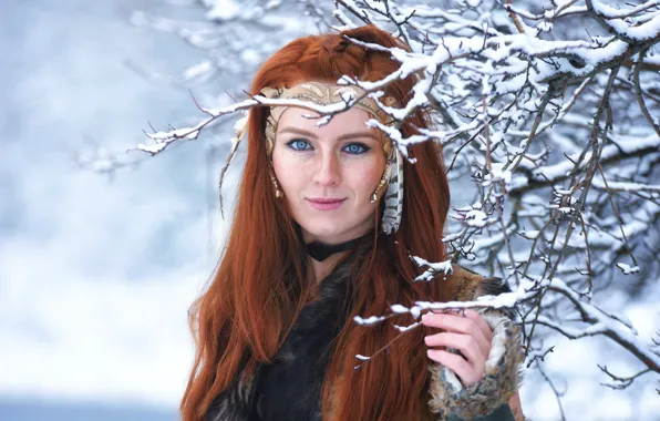 Picture look, girl, snow, branches, face, hair, red, blue eyes, redhead