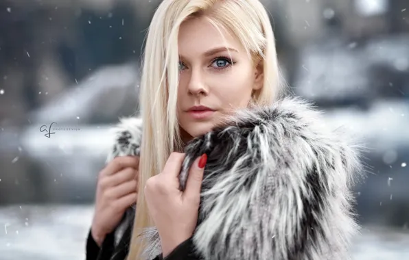Picture winter, look, snow, snowflakes, background, model, portrait, makeup, hairstyle, blonde, coat, fur, beauty, bokeh, Lena, …