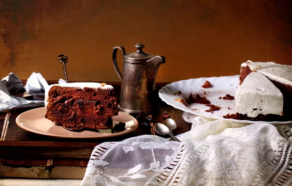 Picture coffee, plate, cake, cake, chocolate, dessert, a piece of cake