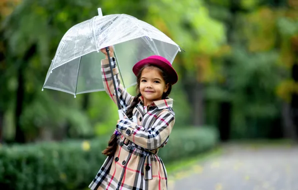 Picture umbrella, girl, hat, alley, child, robe