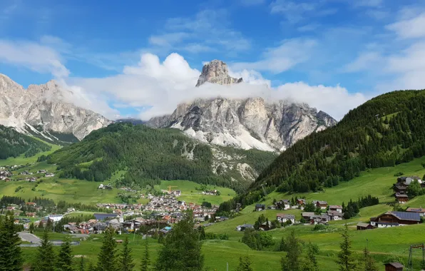 Picture Italy, View, Mountains in Background, Dolomite Alps, Campolongo, Corvara