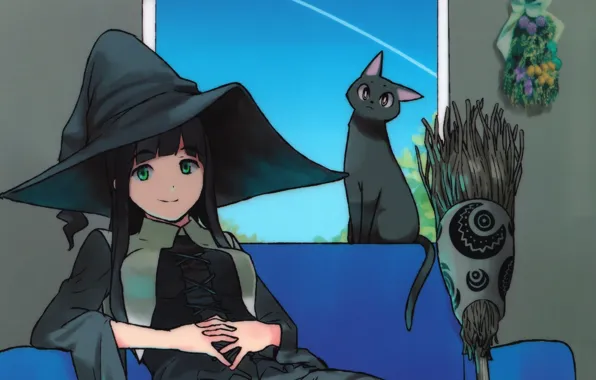 Picture characters, broom, black cat, green eyes, dry flowers, Flying Witch, witch hat, by Tomoe Rokuwata, …