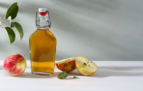 Picture leaves, wine, apples, bottle, light background, tincture, яблочный уксус