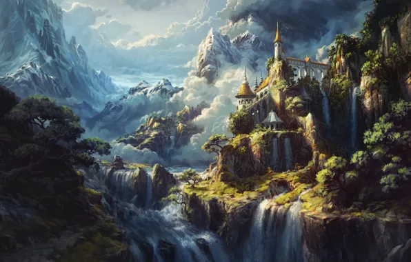 Picture clouds, mountains, castle, waterfall, fantasy