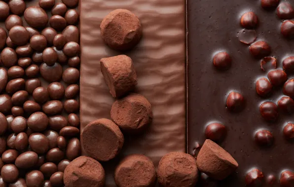 Picture close-up, chocolate, candy, sweets, nuts, dragge
